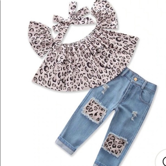 Children’s 3pc leopard print summer/spring set! 2t, 5t, & 6 jeans, top, headband - Picture 4 of 5